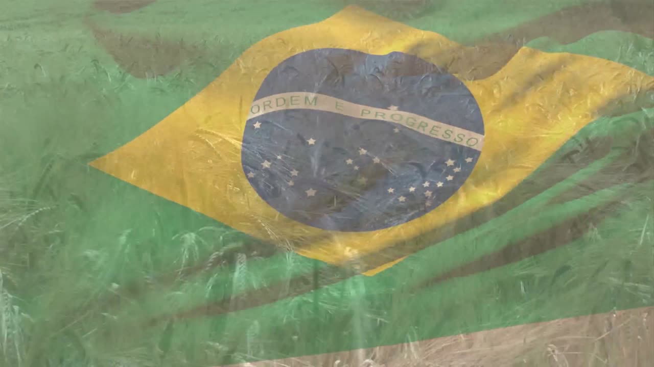 composición digital de ondear la bandera de brasil contra el cierre de los cultivos en el campo de la granja