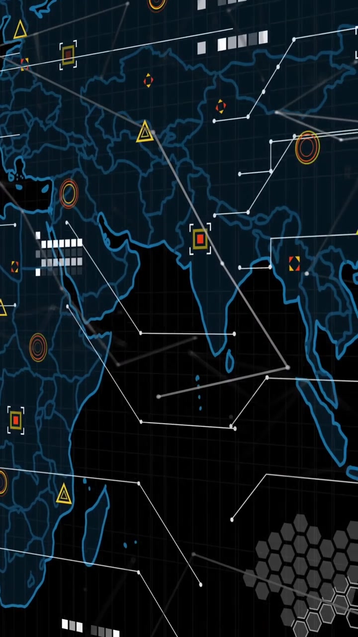 Animation of data processing over world map against black background
