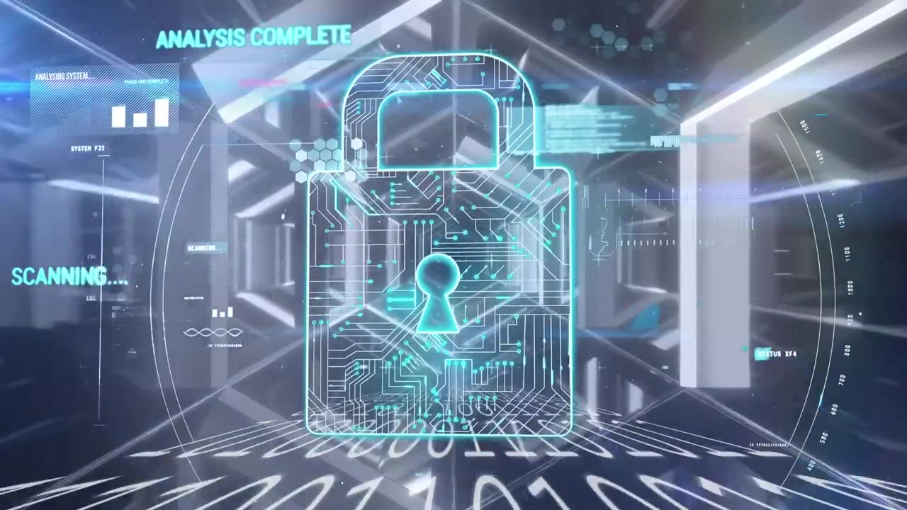Animation of data processing and padlock over digital tunnel