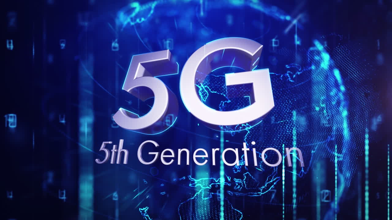 animación de formas rosadas que se mueven sobre 5g, letras y números en espacio azul