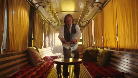 vintage train car interior with passenger
