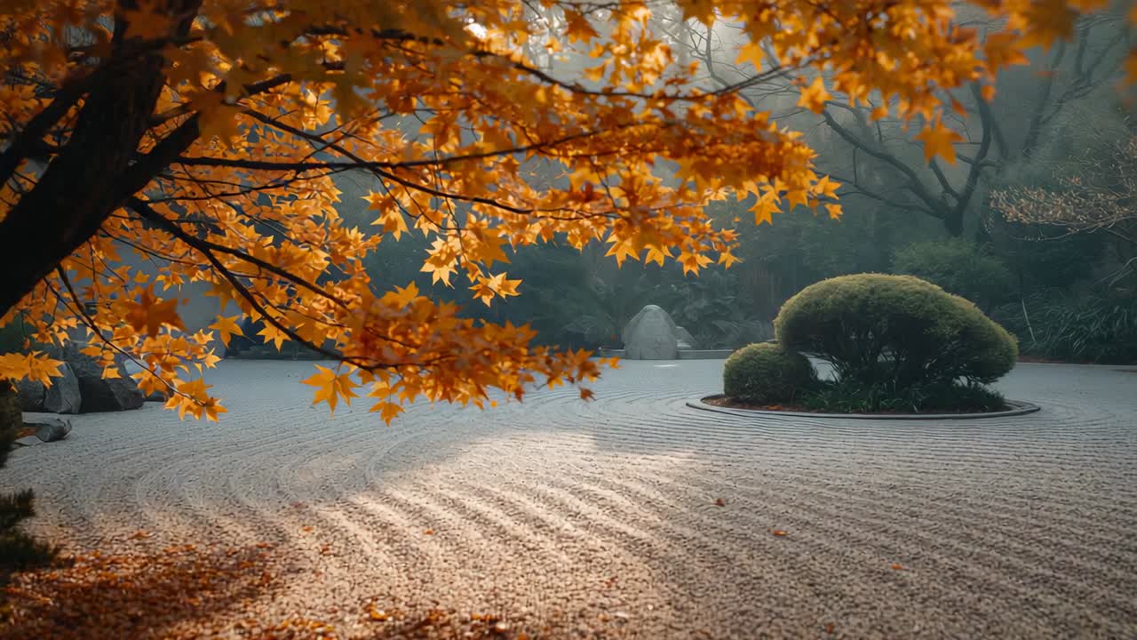 Panning camera showing golden maple branch swaying in Japanese garden, emphasizing serene harmony