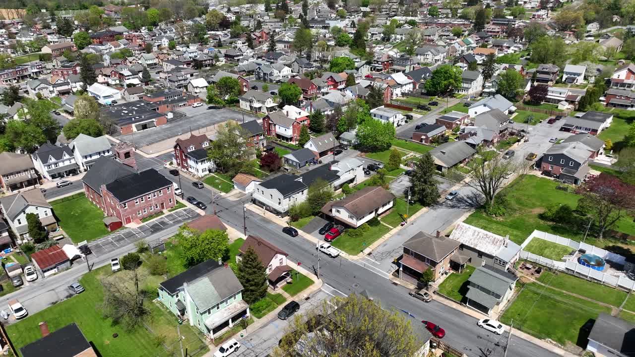 Small American town with houses and homes on sunny spring day