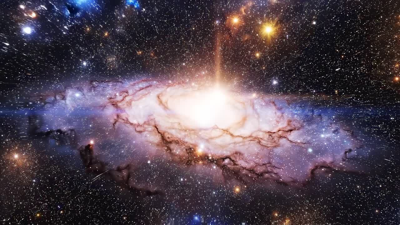 Cosmic galaxy swirl in deep space, top-down angle. Perfect for a sci-fi video backdrop. Live desktop