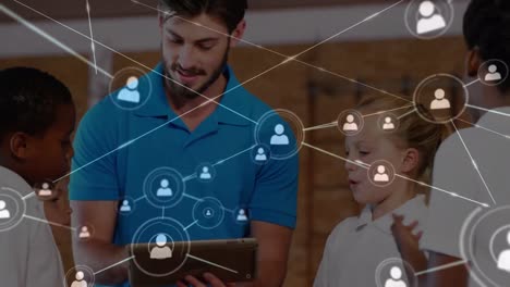 animation of connections over caucasian male teacher with tablet and class of diverse pupils