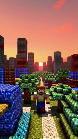 minecraft player exploring a city at sunset