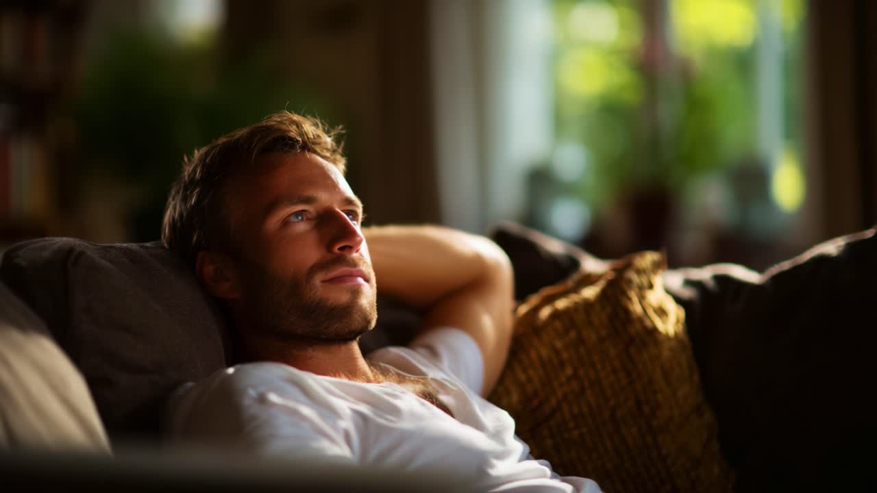 A Relaxed Man Enjoys a Peaceful Moment on the Couch, Bathed in Warm Natural Light from the Nearby Window, Exuding Calm and Contentment in His Expression