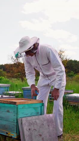 beekeeper wearing white protective clothes opens the hive, examines it and closes again. apiarist doing check up. bee farm backdrop. vertical video