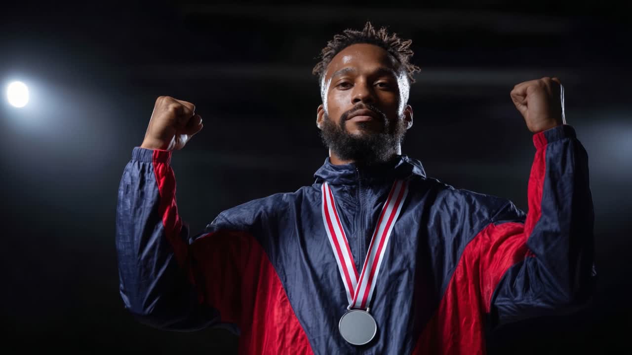 Celebrating Victory: A Proud Athlete Displays Medals with Triumph and Determination, Emphasizing Achievements in Sports and Personal Commitment to Excellence