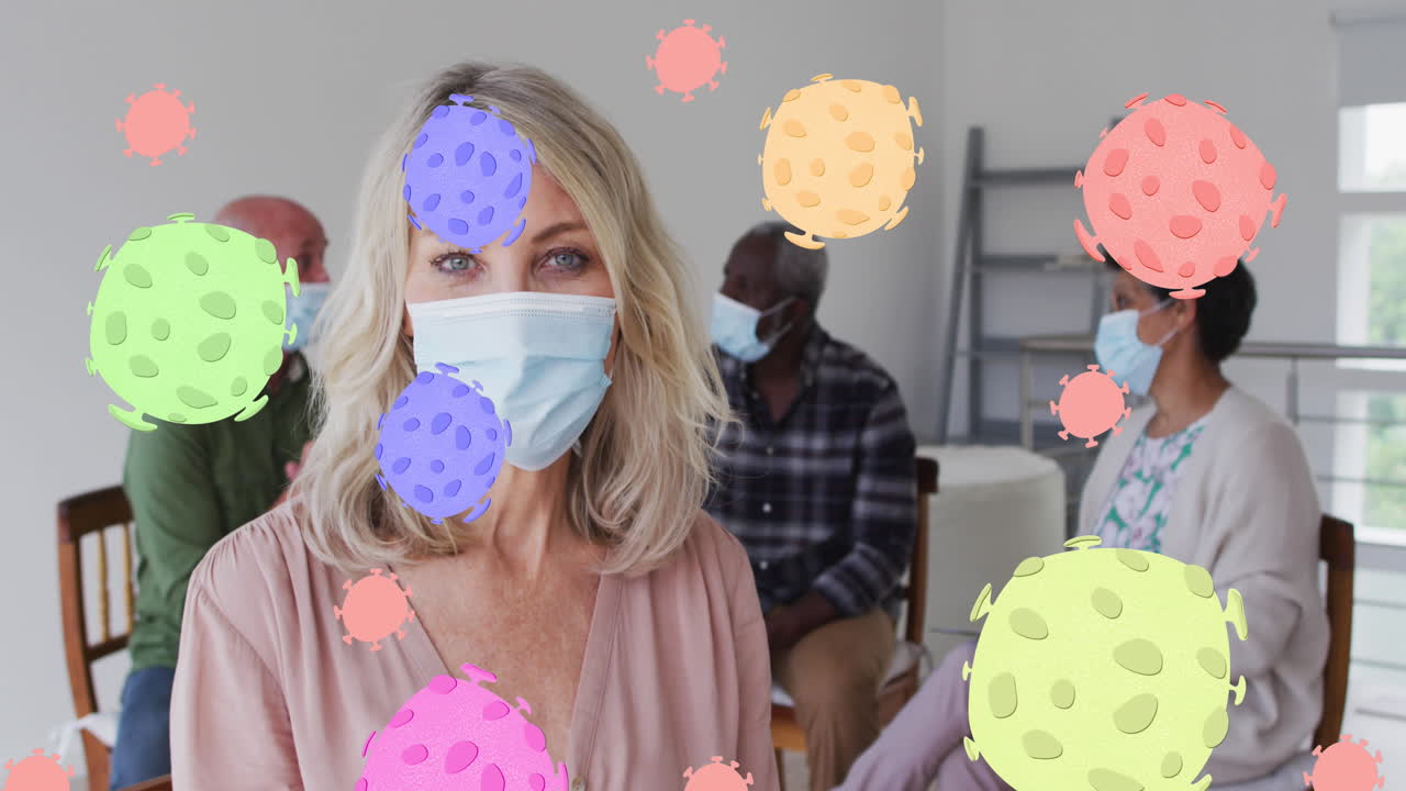 얼굴 마스크를 착용한 다양한 노인 그룹에 대한 바이러스 세포의 애니메이션