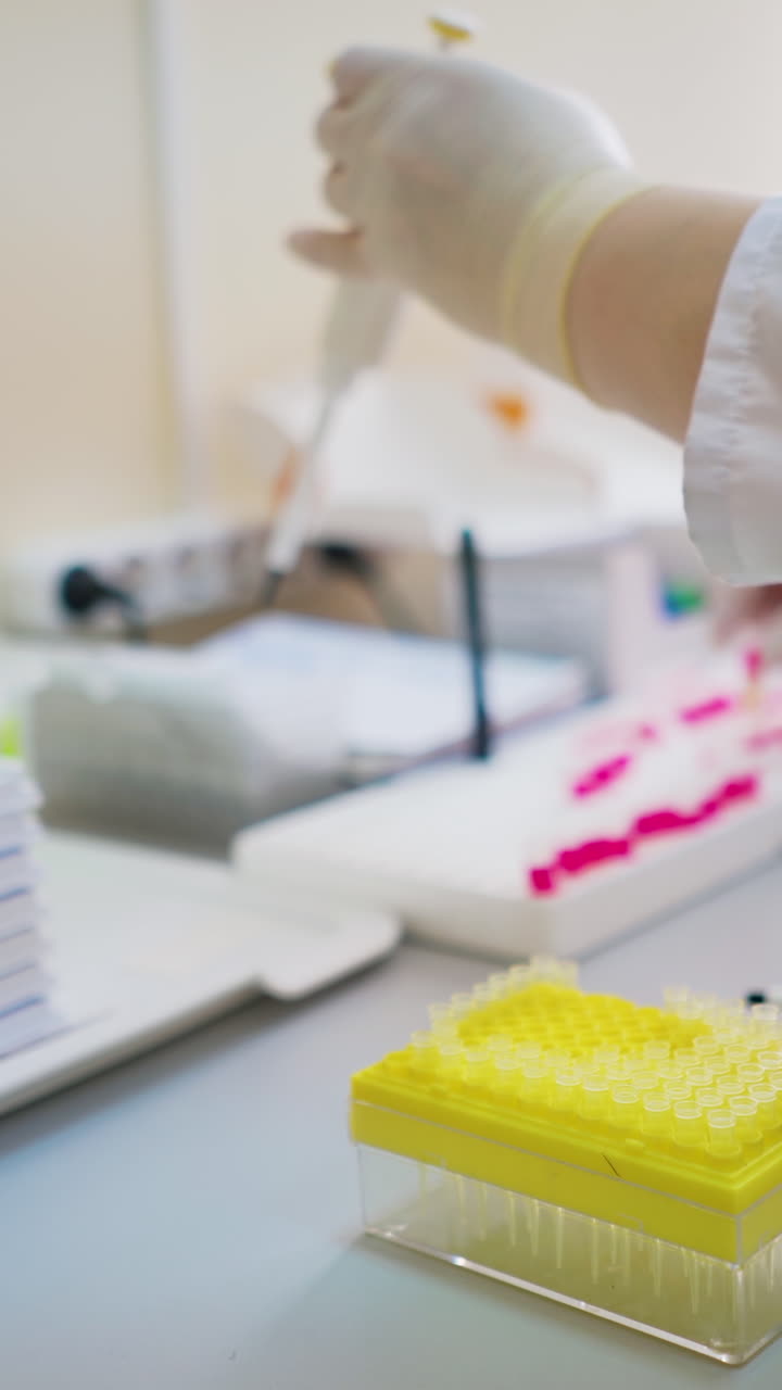 Medical laboratory. Female researcher working with test tubes on the table. Hands of a lab specialist doing analysis with samples indoors. Vertical video