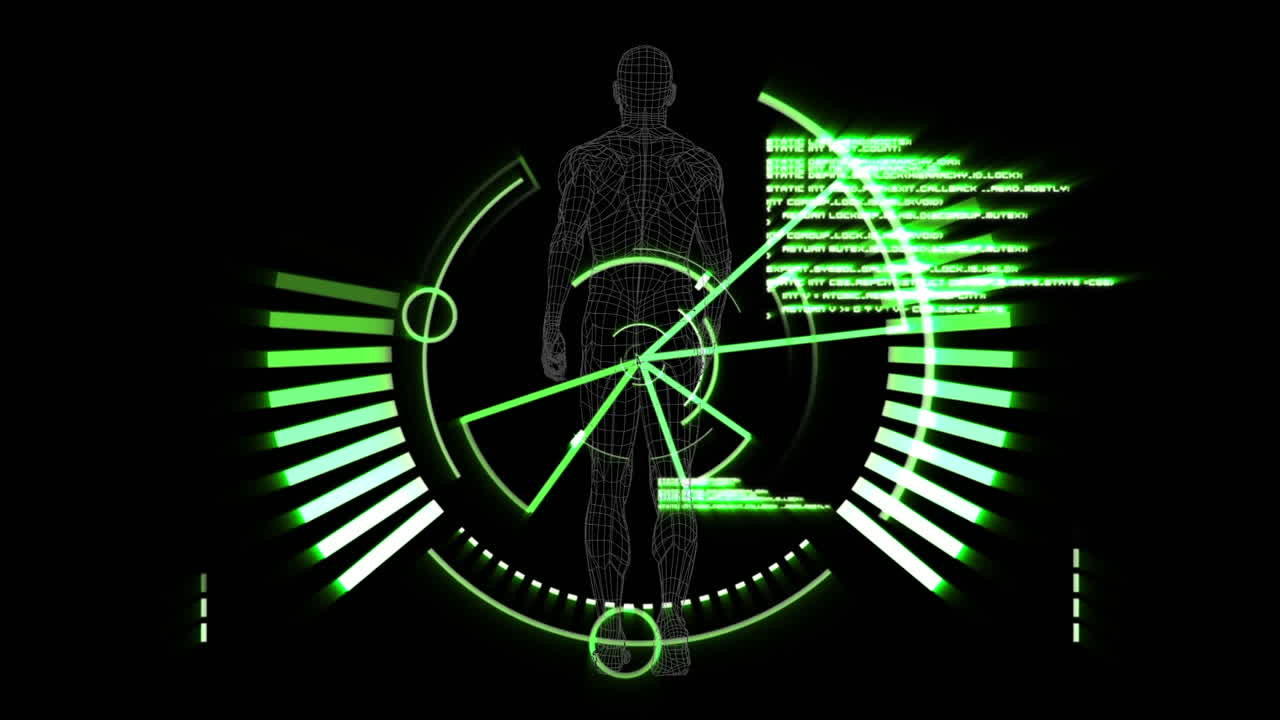 animación digital de escáner redondo y procesamiento de datos sobre el modelo del cuerpo humano caminando