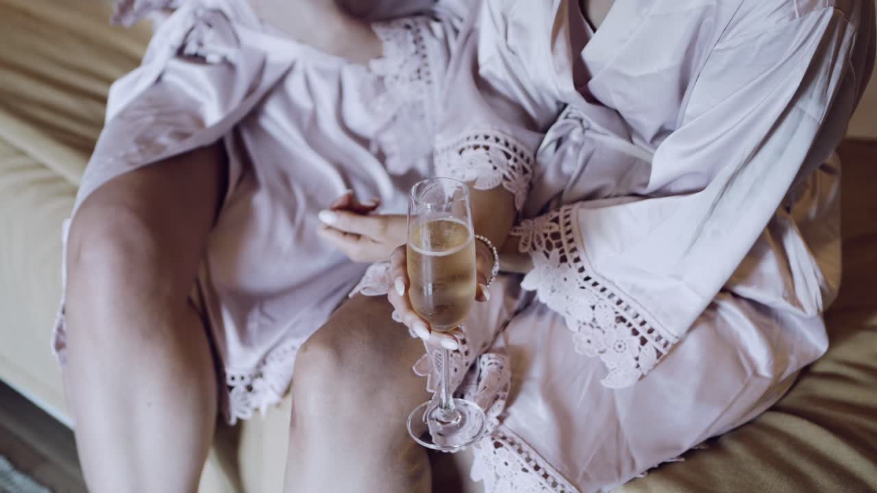 Women in lace robes holding champagne glasses, pre wedding celebration moment