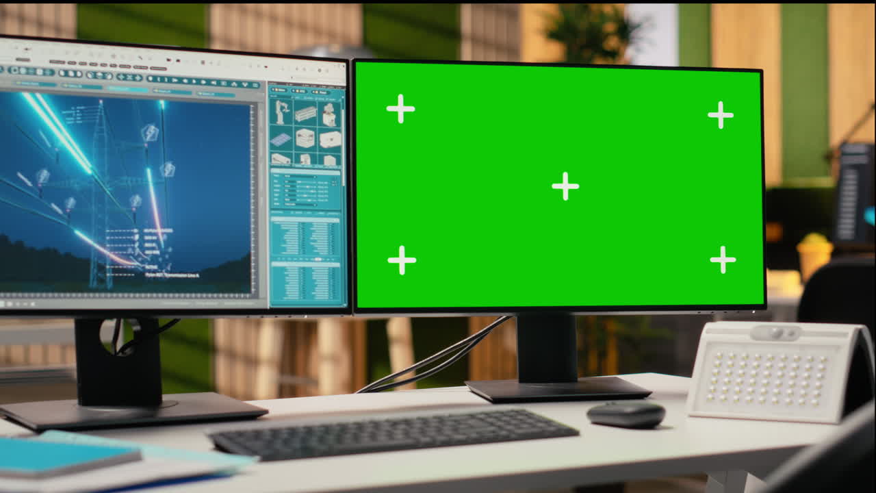 Digital Power Lines Analytics Dashboard On Green Screen Pc Showing Metrics