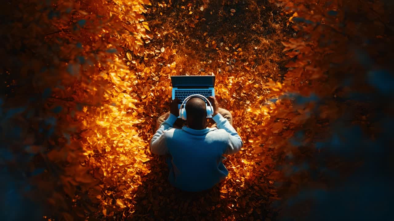 Immersed in Creativity: A Solitary Individual Engages with a Laptop Surrounded by a Vibrant Carpet of Autumn Leaves, Embracing Nature's Beauty While Exploring the Digital Realm