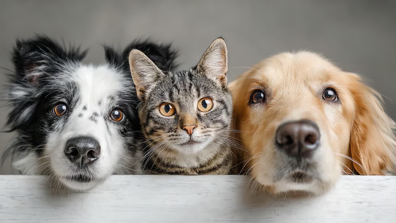 A Heartwarming Trio: A Beautiful Border Collie, Playful Tabby Cat, and Affectionate Golden Retriever Gaze Together, Celebrating Their Unique Friendship and Bonds in this Adorable Moment