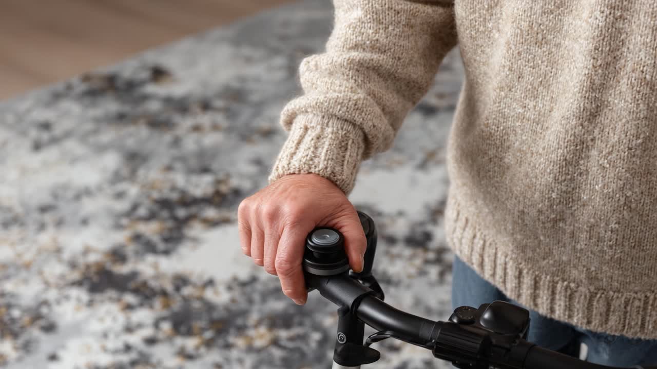 A person gripping the handle of a scooter while wearing a cozy sweater, showcasing a blend of comfort and mobility in a modern living space, emphasizing freedom of movement