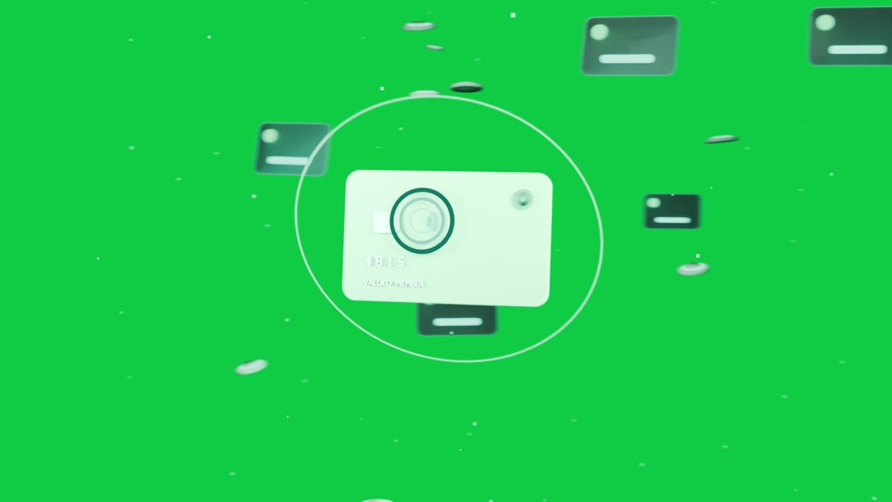 Mint card rotating, ring orbiting, glowing orb entering, blurring, revealing lens on transparent bg