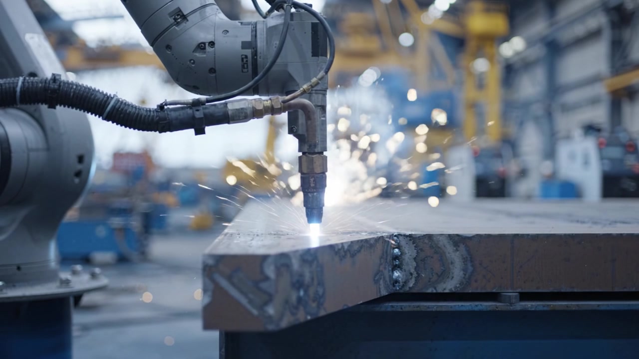 Otomatik Kaynak Süreci: Modern bir endüstriyel ortamda, kaynak torcundan kıvılcımlar saçarak hassas metal birleştirmede görev alan bir robot kol.