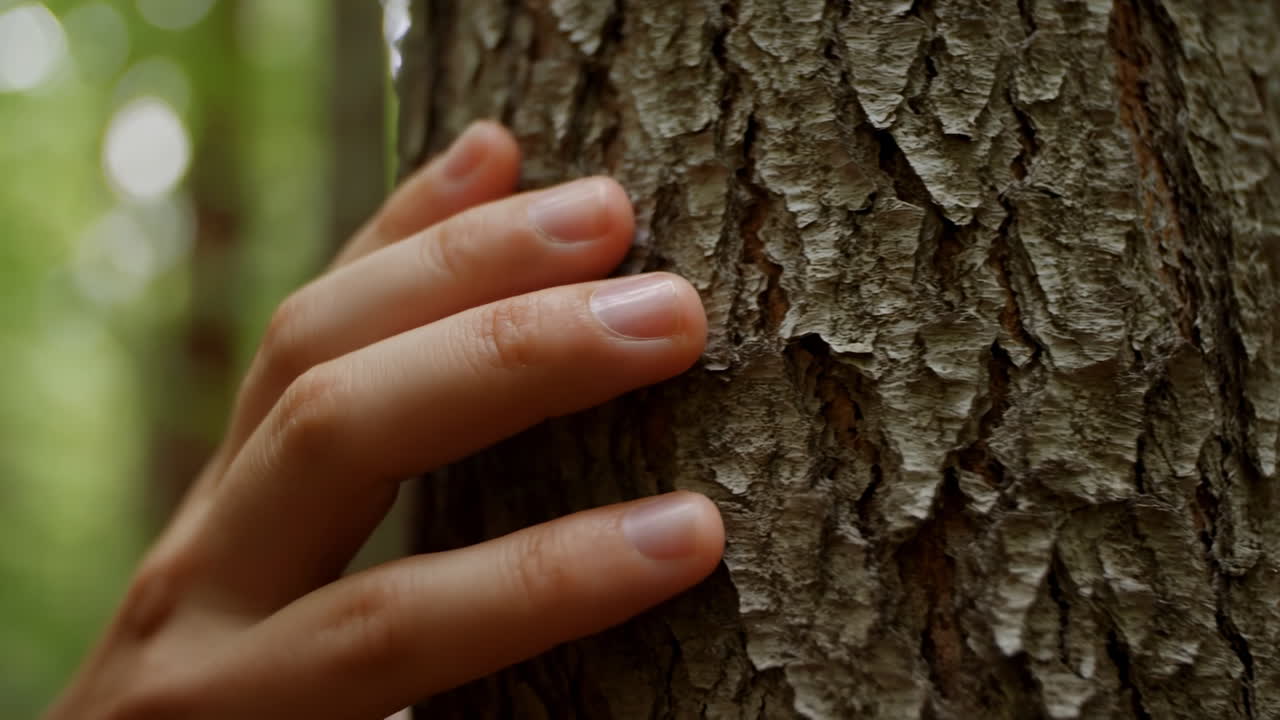 Hand Touching Tree Bark In Forest Closeup, Gentle Hiker Gesture On Textured Trunk, Dappled Green Bokeh, Soft