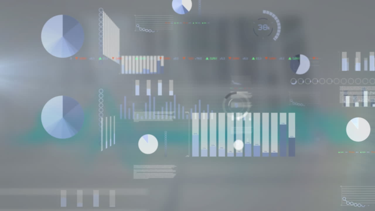 Animation of graph, circles, programming language, trading board over abstract background