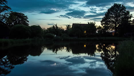 cozy lakeside home with water reflection, fusion time lapse