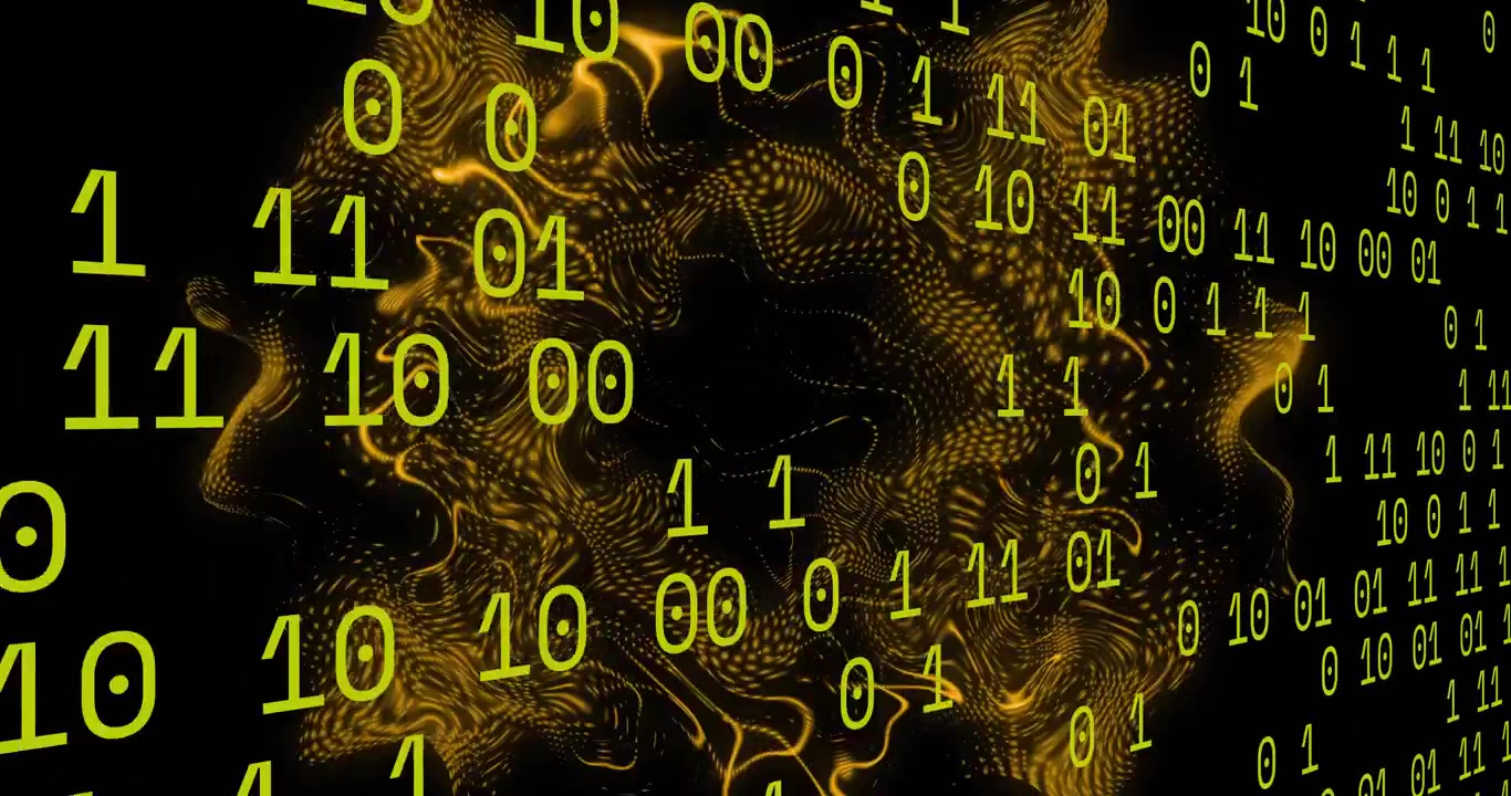Cascading binary digits starting right shift while golden 3D mesh pulsing morphing visualizing data
