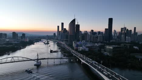 static aerial shot of brisbane city's goodwill bridge and captain cook bridge expressway pacific motorway