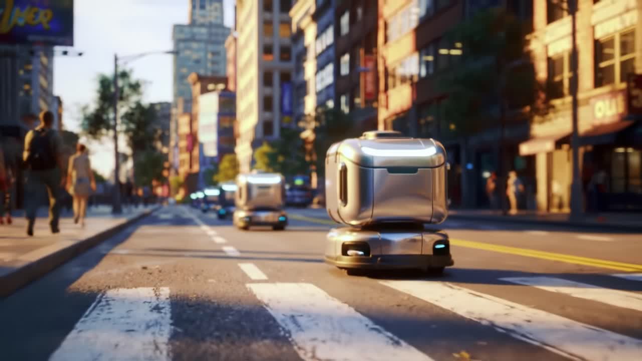 Small delivery robots move along vibrant city streets, skillfully avoiding pedestrians and vehicles. The sun shines brightly, creating a bustling urban atmosphere full of activity.