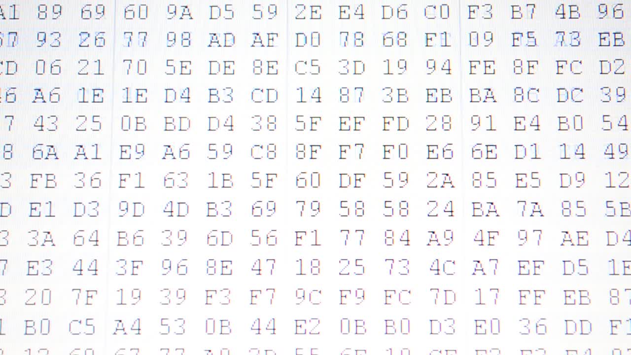 Code and background, binary. The file in the form of a code. Hexadecimal program code on screen. Animated background of moving binary code numbers