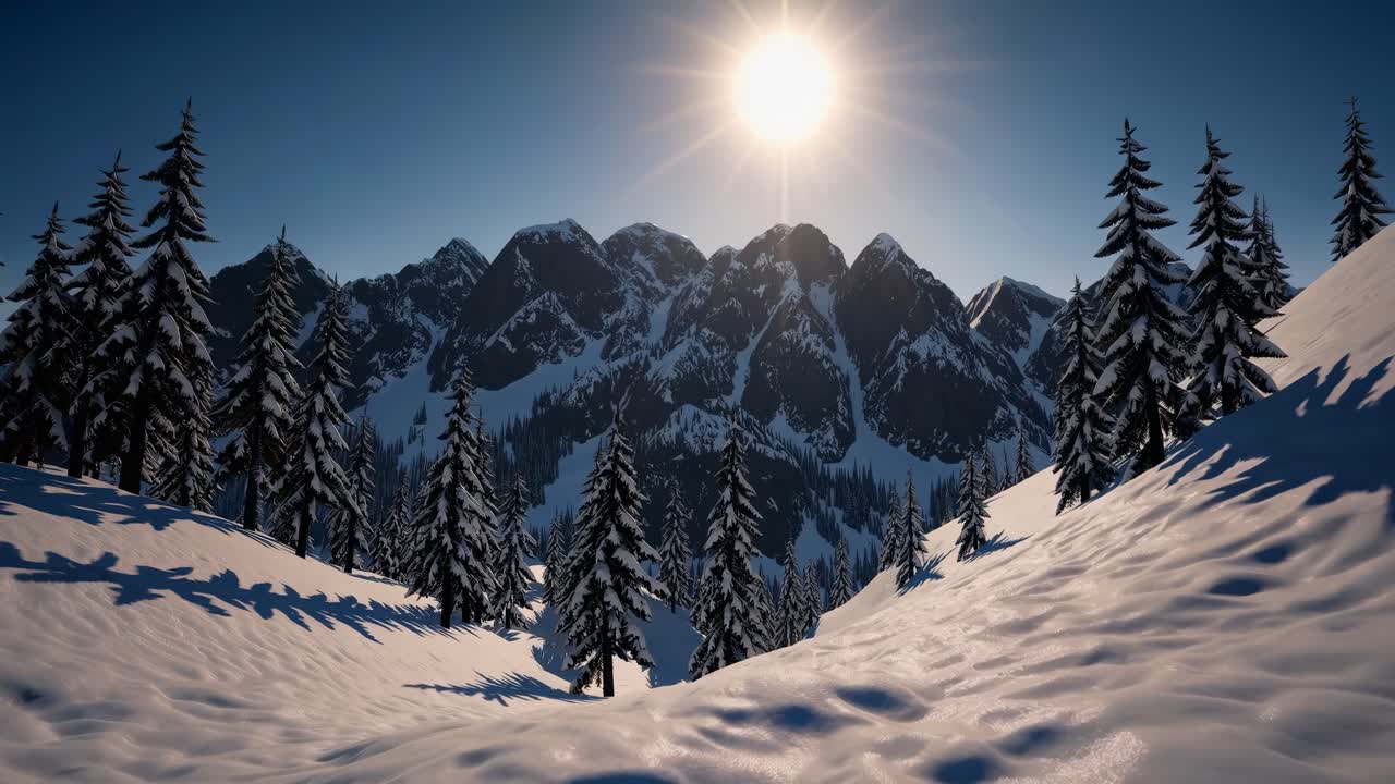 A breathtaking wide-angle video shot of snow-covered mountains and pine trees under a bright sun