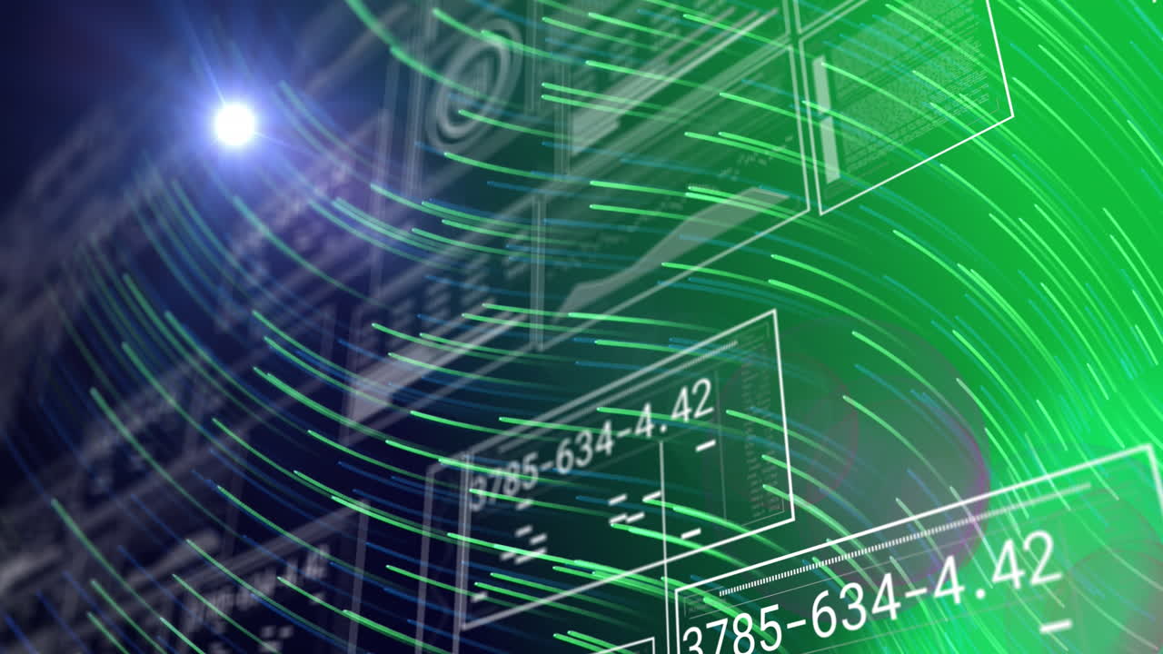 Animation of line moving in wave pattern over changing numbers, graphs and circles bars