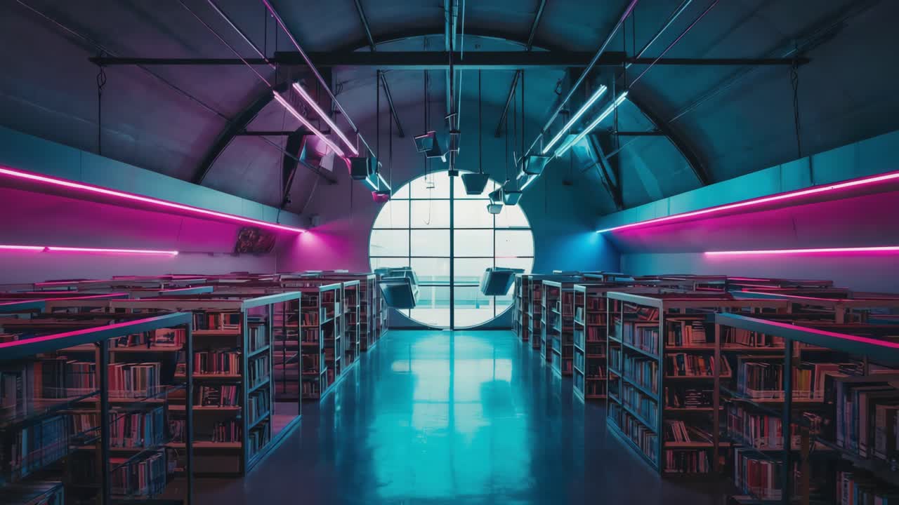 Futuristic Library with Neon Lighting