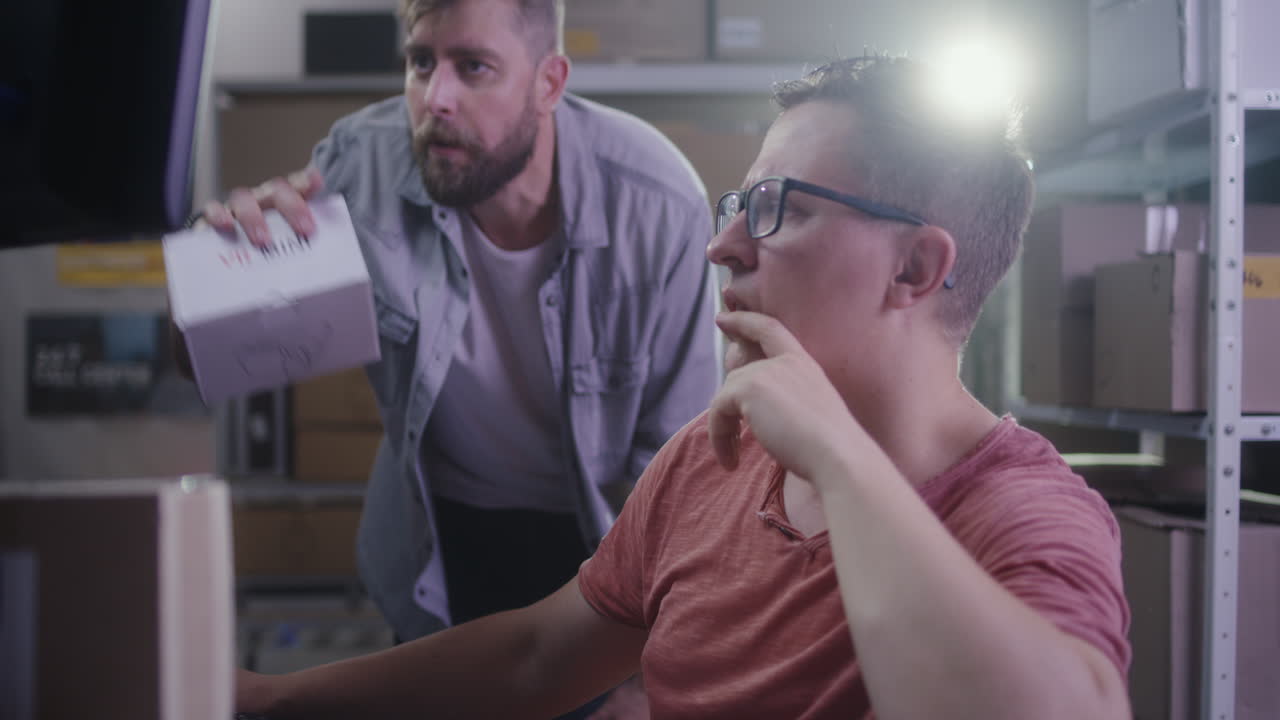 Two men working in a warehouse office environment, looking concerned and stressed