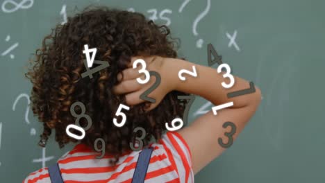 multiple changing numbers floating against rear view of school boy scratching his head