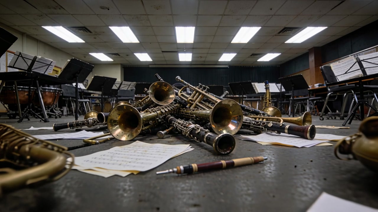 Pulling back camera revealing instrument pile on band room floor, exposing sheet music and chairs