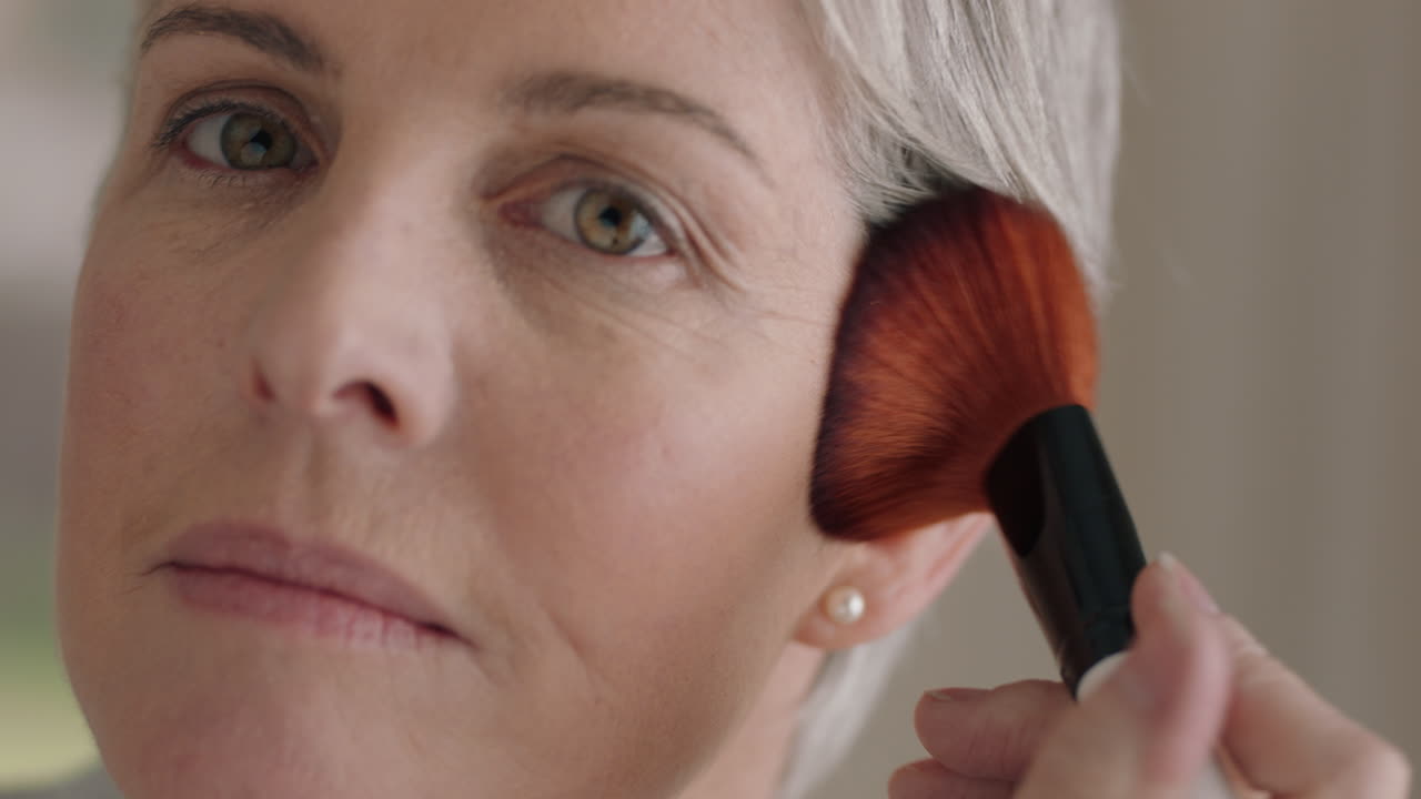 retrato mujer madura aplicando maquillaje preparándose en casa mirándose en el espejo disfrutando de la tez natural antienvejecimiento cuidado de la piel concepto de belleza 4k