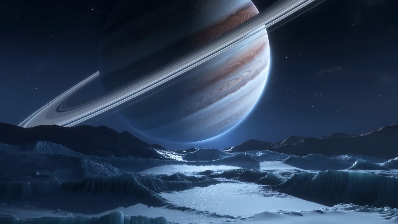 Massive Ringed Planet Looms Above Frozen Horizon, Moonlike Icy Plain With Cratered Basins And Reflective