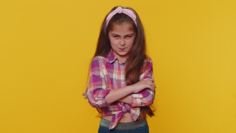 displeased dissatisfied upset child girl shake head no, dismiss unpleasant idea, dont like proposal
