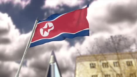 cgi 3d animation of north korean flag flying in pyonyang, in the hermit state