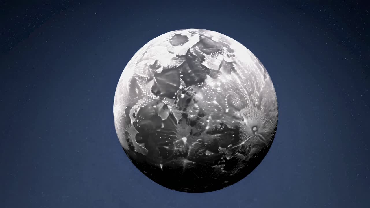A video still of the moon, captured from a low-angle perspective, showcasing its cratered surface