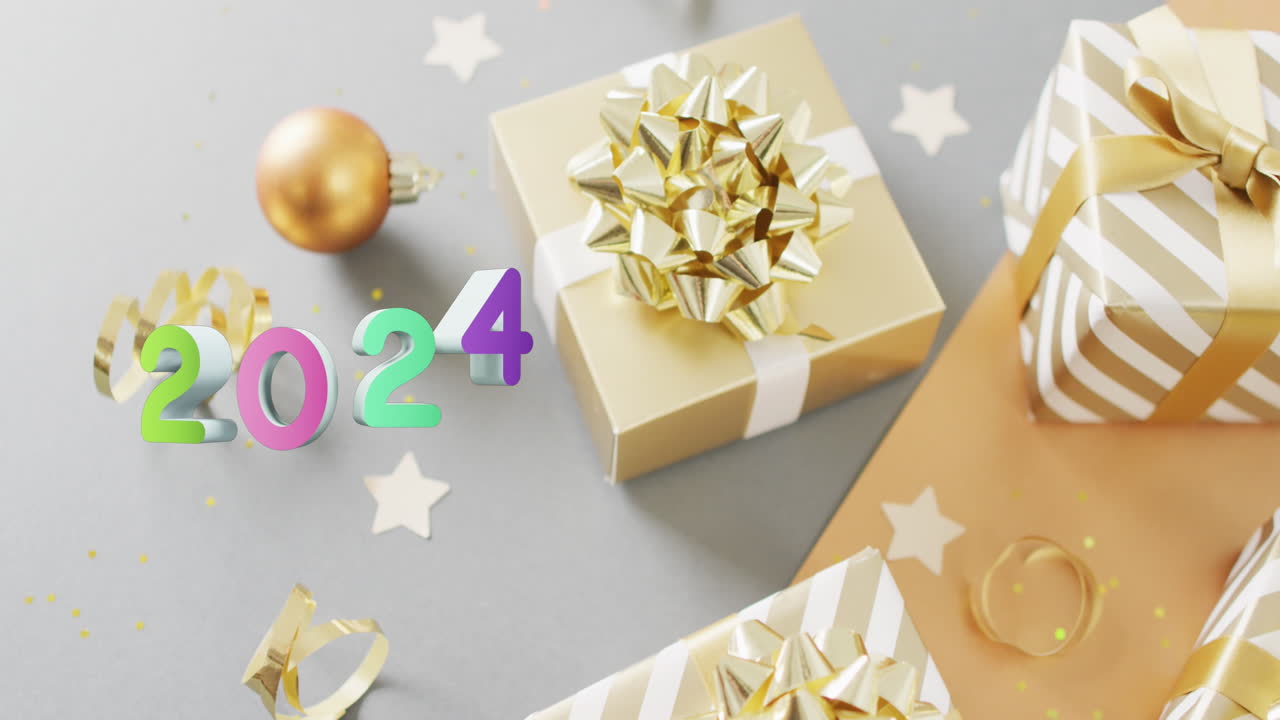 animación del texto de 2024 y decoraciones navideñas en el fondo