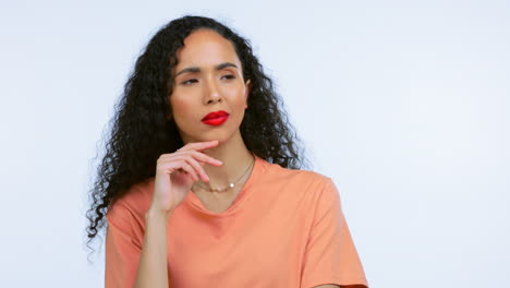 thinking, doubt and woman face in studio to