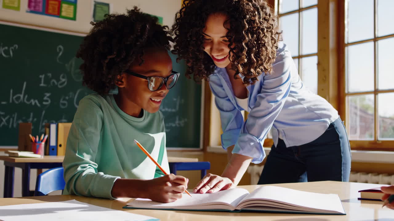 Teacher assists a young student with writing in a classroom
