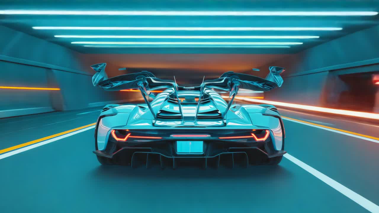 Futuristic Sports Car in Neon Lit Tunnel
