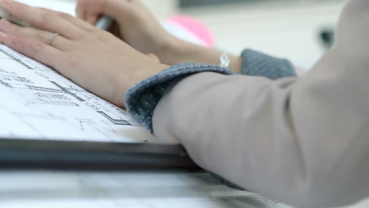 블루프린트 4k에서 일하는 여성 임원의 중간 섹션