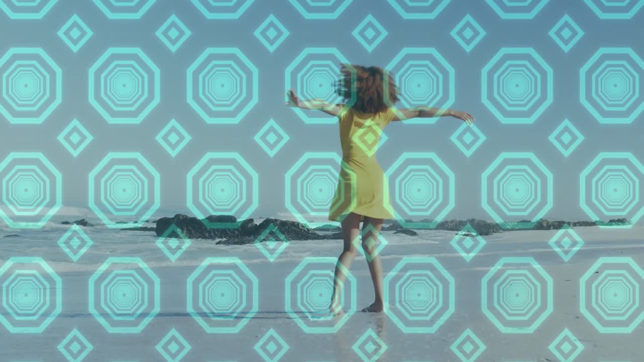 해변에서 춤추는 아프리카계 미국인 여성 위의 모양의 애니메이션