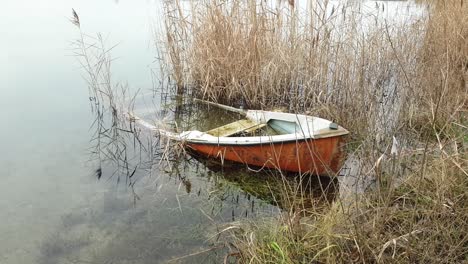 panning shot of a sunken rowboat in a lake