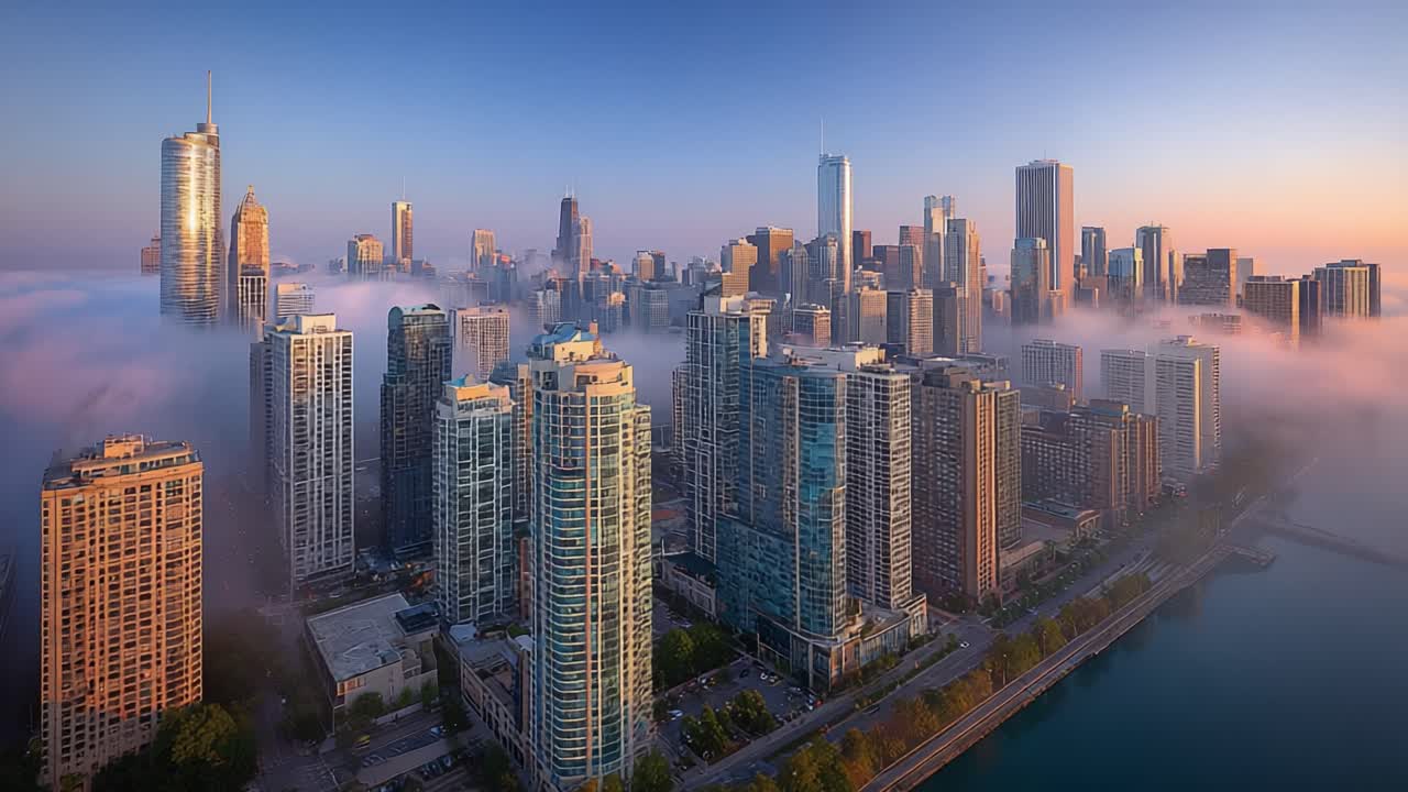 Aerial View of a Cityscape at Dawn: Skyscrapers Rising Above a Dreamy Fog Layer, Showcasing Urban Beauty and Atmospheric Serenity in the Early Morning Light