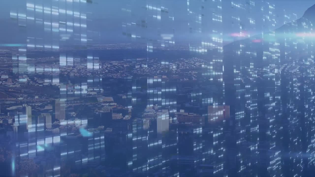 Animation of data processing and icons over cityscape